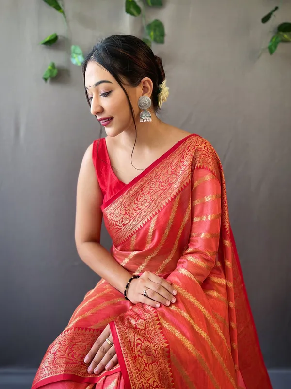 Orange_Red_Pure_Organza_Weaved_Leheriya_Saree_With_Blouse_Piece_Attached